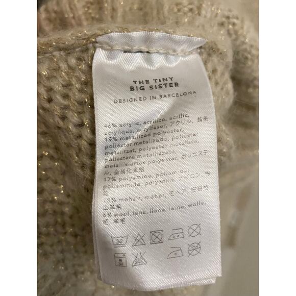 The Tiny Big Sister Crewneck Sweater S/M Cream Beige Glitter Fisherman Cottage - Picture 8 of 10